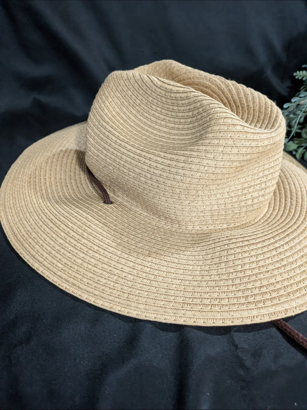 Wide-Brim Tan Straw Fedora with Adjustable Brown Chin Cord